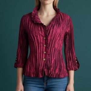 VTG AGORA Fuscia Metallic Crinkle Cropped Button Down Castlecore Shirt